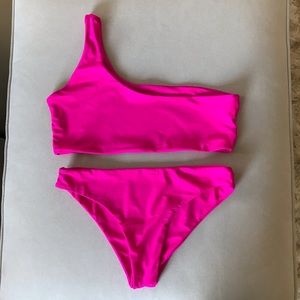 L TOP, M BOTTOM Neon Pink One Shoulder Bikini Set